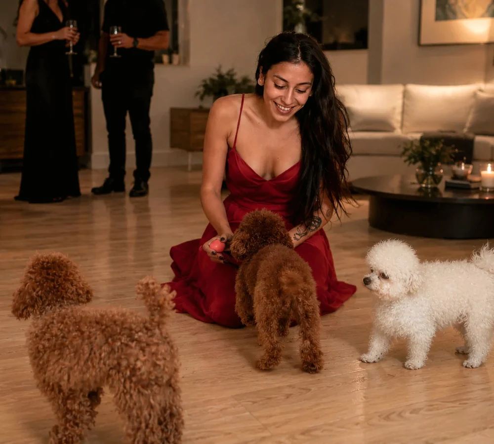 A woman spending time with several small dogs at home