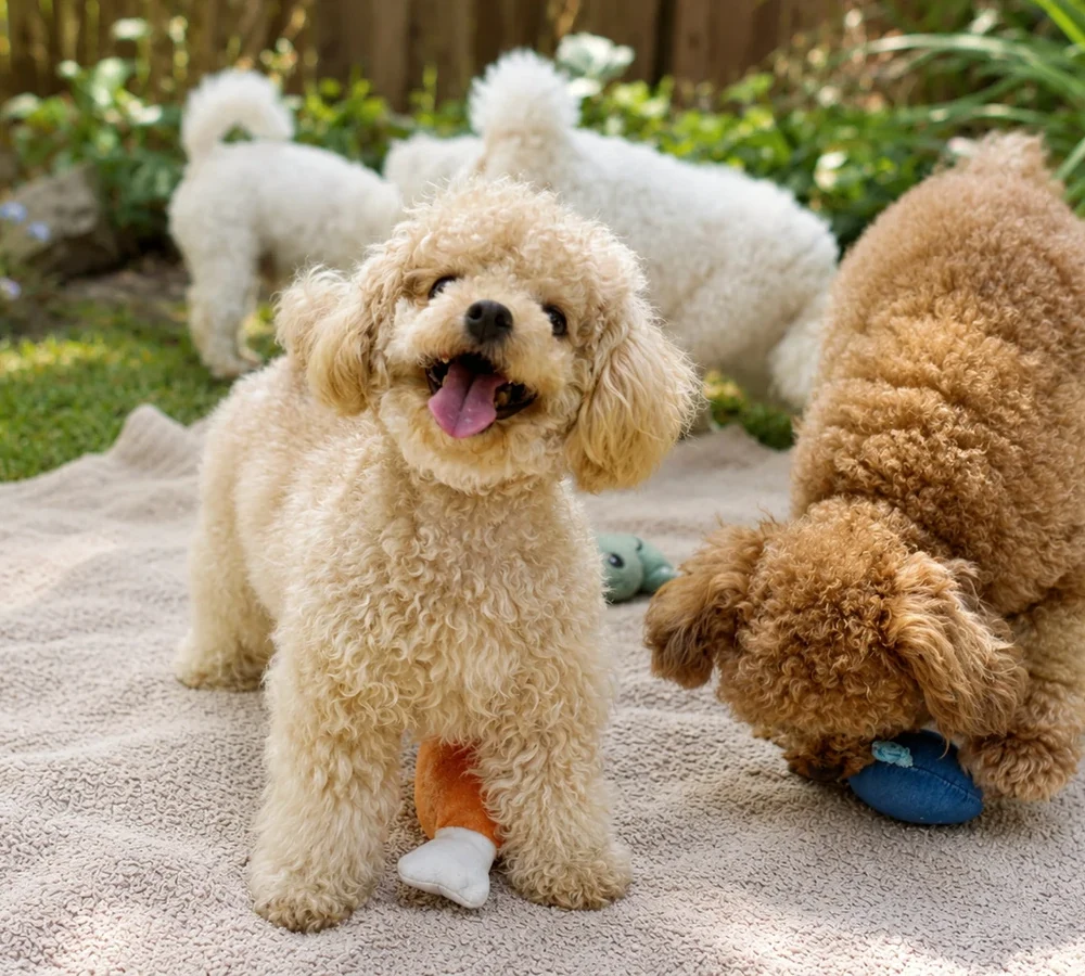 Small dogs playing together on a blanket in a garden