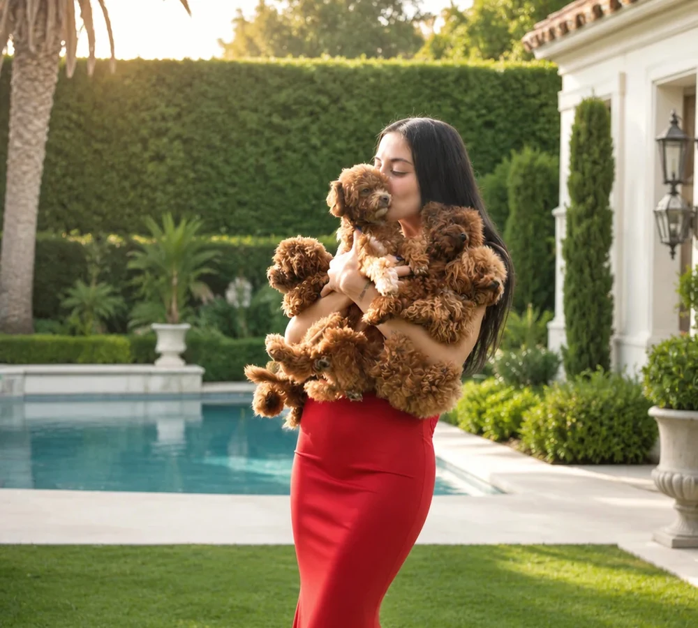 A woman holding a group of small puppies beside a pool